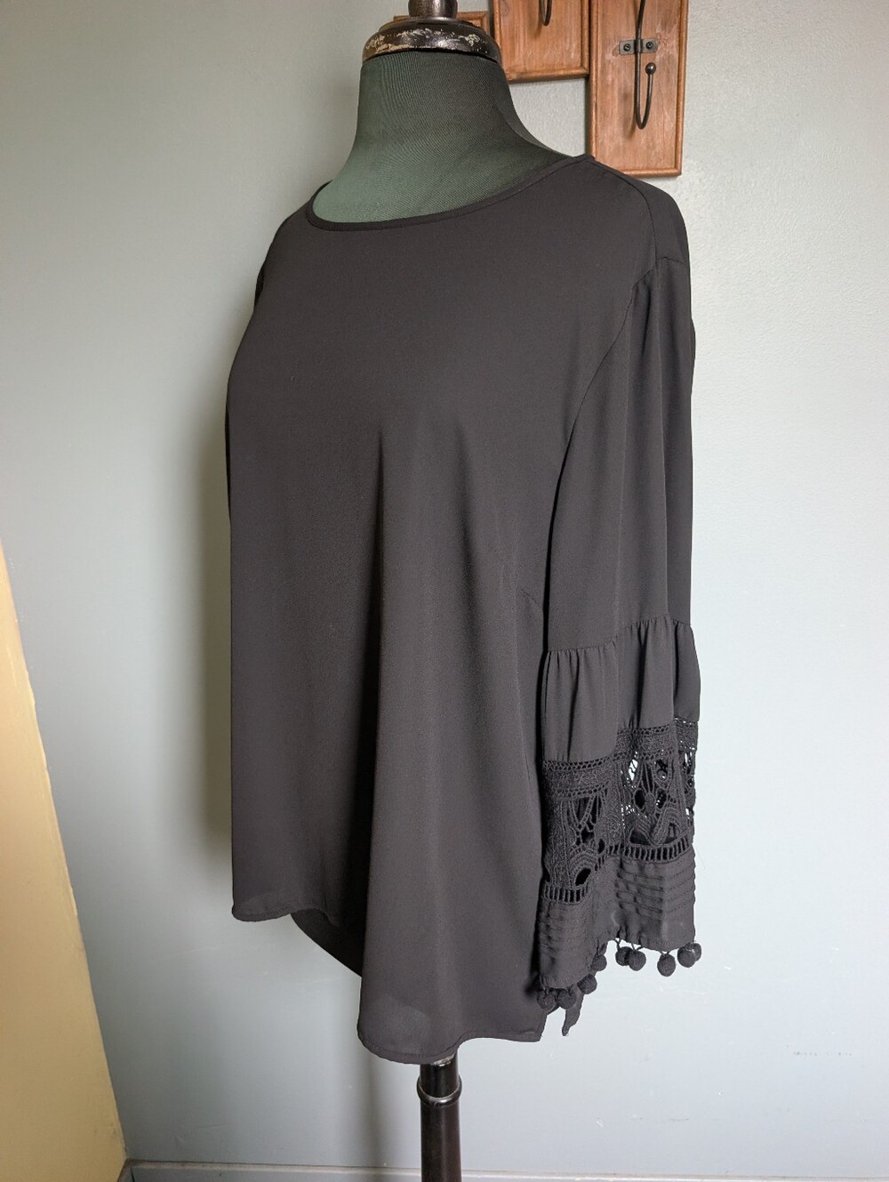 Women's Black Crochet Bell Sleeve Top